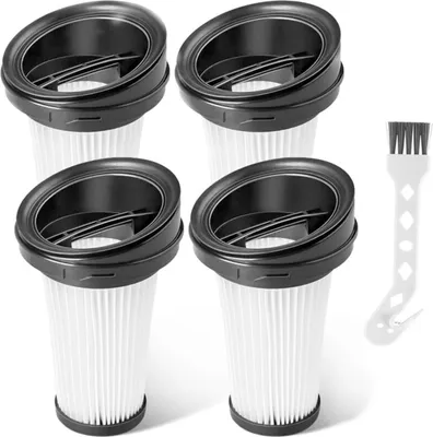 Four vacuum cleaner filters and a small cleaning brush are arranged on a white background.
