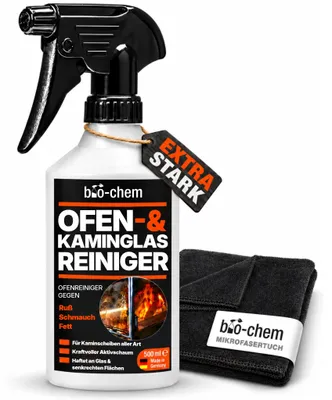 Produktbild von bio-chem Ofen- und Kaminscheibenreiniger Kaminglasreiniger - 500 ml Hochleistungs-Aktivschaum inkl. Mikrofasertuch - Entfernt mühelos hartnäckige Ablagerungen wie Ruß, Fette, Rauchharz - DE