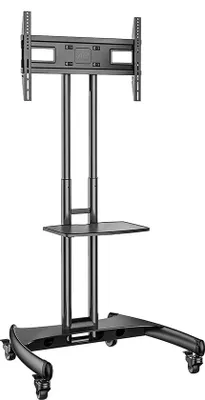 Obrázok produktu pre Uniqoos® Nastaviteľný televízny stojan na kolieskach pre televízory s uhlopriečkou 32–70 palcov, čierna farba – výška 1120–1520 mm, nosnosť 45,5 kg, nosnosť poličky na AV zariadenia 4,5 kg, systém kabeláže