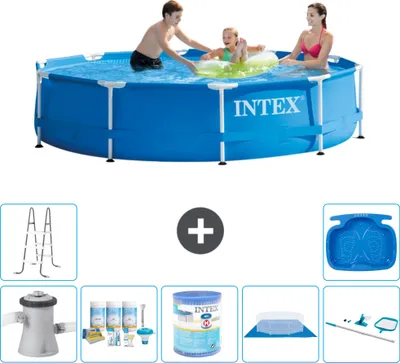 Produktbild von Intex Rundrahmen-Schwimmbecken – 305 x 76 cm – Blau – inklusive Pumpe Wartungspaket - Filter - Bodenplane - Reinigungskit - Leiter - Fußbad