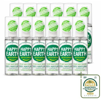 Zdjęcie produktu dla 12 sztuk dezodorantu w sprayu Happy Earth Pure, bez zapachu, pojemność 100 ml, zestaw ekonomiczny