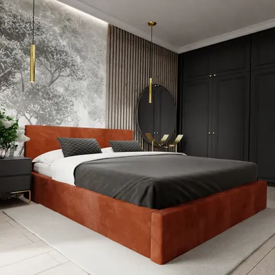 A modern bedroom with a large bed, wardrobe, and decorative elements.