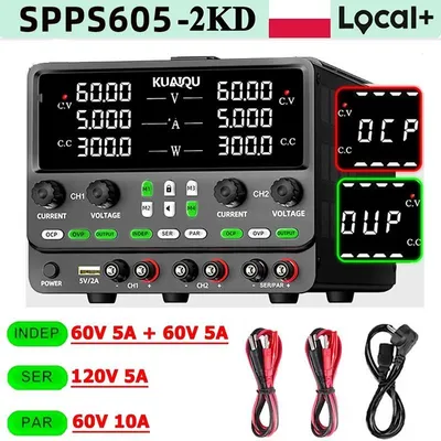 Obrázok produktu pre Programovateľné laboratórne zariadenie – dvojkanálový DC zdroj – 2 kanály, 0–60 V, 0–5 A – možnosť sériového/paralelného zapojenia – ochrana proti prepätiu (OVP) a preťaženiu (OCP) – vstup 220 V AC, konektor pre Európu – dvojkanálový zdroj, 60 V, 5 A