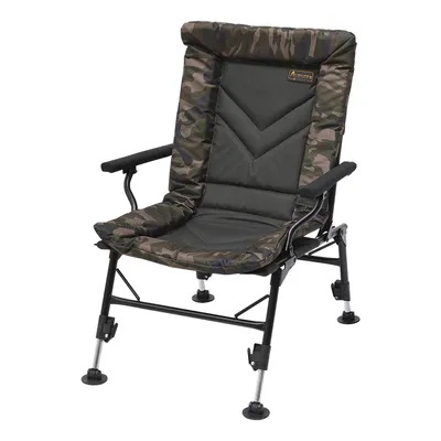 A camouflage fishing chair against a white background.
