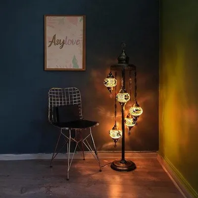 Image de Lampadaire turc fait main avec 5 boules en verre – lampe mosaïque orientale jaune pour un éclairage d'ambiance