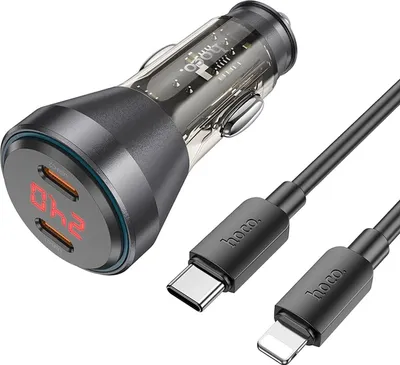 A car charger and two charging cables are displayed against a white background.