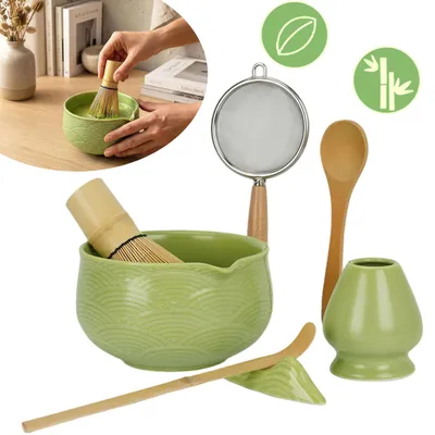 Produktbild von Matcha Set (7 Teilig) Matcha Schale mit Besen, Sieb, Löffel - Einzigartiges Design Ceremonial Grade Matcha Tee Set