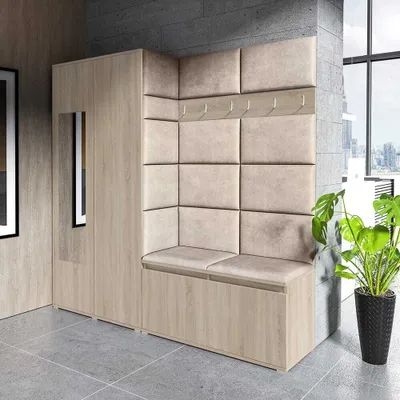 Produktbild von Garderoben-Set "CLEO", Moderner Kleiderschrank mit Polsterplatten und Schuhschrank – Ideal für Flur und Eingangsbereich (Sonoma Eiche, Trinity 02)