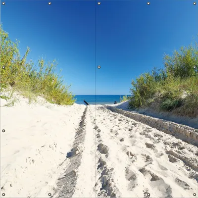 Produktbild von Wallario Outdoor-Poster für Garten oder Balkon, Motiv Auf dem Sandweg zum Strand - Blauer Himmel über dem Meer, in ca. 180 x 180 cm