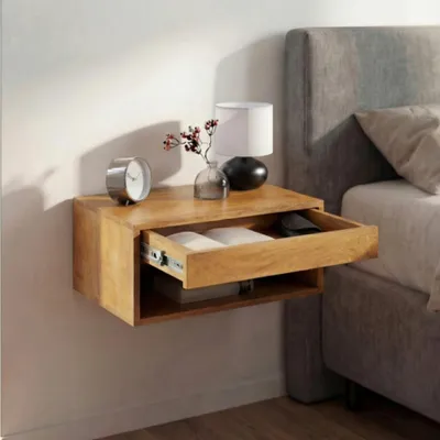 Produktbild von riess-ambiente Hängender Nachttisch PURE 50cm braun honey finish Mangoholz Wandregal Schublade