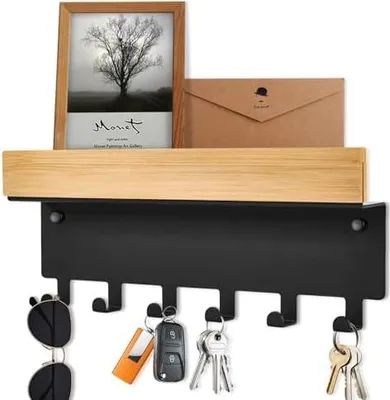 Produktbild von Schlüsselbrett Holz mit Ablage - Schlüsselhalter Wand Schwarz, Modern Schlüsselablage mit 6 Haken für Flur Küche, Eingangsbereich