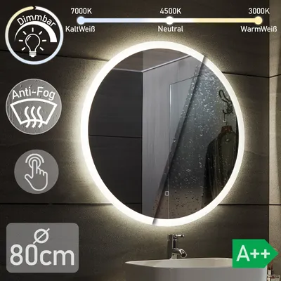 Produktbild von Aquamarin® LED Badspiegel - Ø80 cm, Rund, Beschlagfrei, Dimmbar, Energiesparend, mit Touch, 3000-7000K - Badezimmerspiegel, LED Spiegel, Lichtspiegel