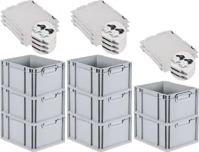 Produktbild von SuperSparSet 8x Eurobox NextGen Economy mit Scharnierdeckel und schwarzen Schiebeschnappverschlüssen | Griffe geschlossen | HxBxT 22x30x40cm | 20 Liter | Eurobehälter, Transportbox, Transportbehälter, Stapelbehälter