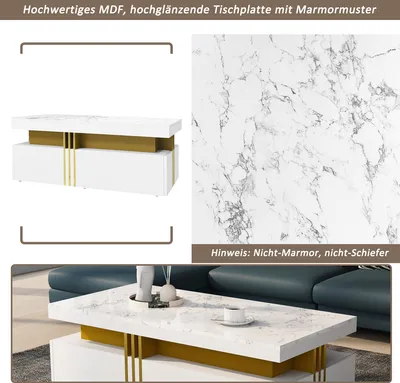 Produktbild von MODFU Couchtische Hochglanz Kaffeetisch Sofatisch mit 2 Holzschubladen,Wohnzimmertisch Beistelltisch mit marmorierte Tischplatte,Weiß