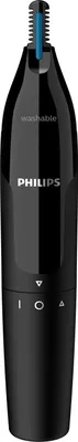 A black Philips Norelco nose trimmer is shown against a white background.