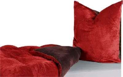A close-up view of a red velvet pillow and a folded red and brown reversible blanket.