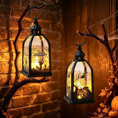 2er Set Halloween Kürbislaterne mit LED-Kerze, schwarz