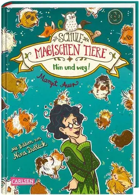 A book cover illustration featuring a woman and many guinea pigs, with text indicating the title and author.