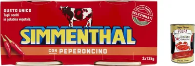 Produktbild von 12x Simmenthal con Peperoncino Fertiggericht aus Rindfleisch in Gemüsegelee Dosenfleisch mit Chili ( 2 x 135g ) + Italian Gourmet polpa 400g