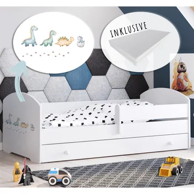 Produktbild von Detská posteľ 160x80 cm s matracom a zásuvkou, bezpečnostnými bočnicami a lamelovým roštom biela s motívom dinosaurov I