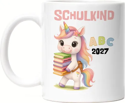 Produktbild von Schulkind 2027 Tasse Weiß Einhorn – Klassische Geschenkidee Einschulung, Kinder-Tasse ABC Motiv Mädchen Erstklässler