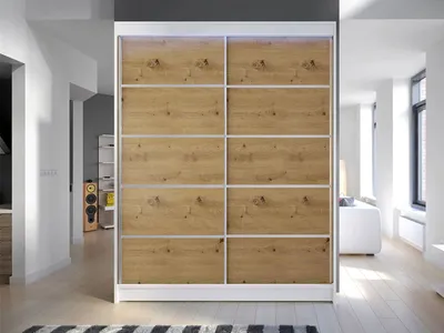 Obrázok produktu pre Šatníková skriňa 150 cm s posuvnými dverami a LED osvetlením PIRITU 4 - biela / dub artisan