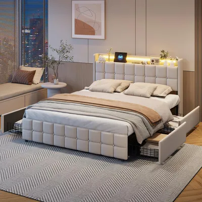 Produktbild von SUNFECILI Polsterbett 180x200 cm,Bett mit Schubladen,mit Lattenrost,Weicher Rückenlehne und Kopfteil,USB,LED,Doppelbett,Jugendbett,Leinen,Beige