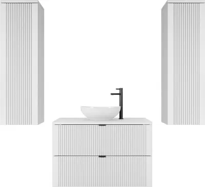 Produktbild von Easy4You Weiß Unterschrank DAKI 80 cm mit 2 Schubladen + 2x Hängeschranke 30x100 cm Badschrank Badezimmerschrank Seitenschrank Geriffelte Front