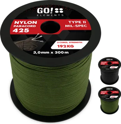 Produktbild von GO!elements 300m Paracord Seil aus reißfestem Nylon - 3mm Paracord 425 Typ II max. 192kg - Schnüre als Outdoor Seil, Allzweckseil, Survival Seil, Armband, Hundeleine, Nylonschnur, Farbe: Oliv