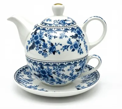 Tea For One Set 400 ml, Porzellan, Teekanne mit Tasse, modern, blau-weiß