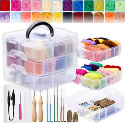 A clear, well-lit product shot of a 3-tier storage container filled with colorful wool roving, along with various felting tools and accessories, presented on a white background.