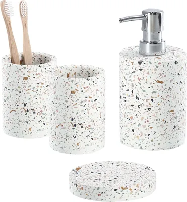 Produktbild von 4-teiliges Badezimmer-Set Terrazzo Muster, Badzubehör-Set besteht aus: Seifenspender, 2x Zahnputzbecher, Seifenschale, moderne Badausstattung / Zeller