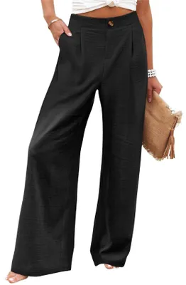 Produktbild von ASKSA Damen Weite Bein Hose Hohe Taille Leichte Sommerhose Palazzo Baggy Casual Freizeithose mit Taschen Schwarz S