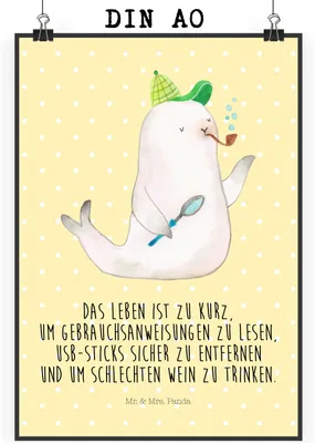 Produktbild von Mr. & Mrs. Panda Bild Robbe Sherlock DIN A0 - Gelb Pastell - Geschenk, Wandbild, Lustige Sprüche, drucke, kunstdruck poster, Wanddeko