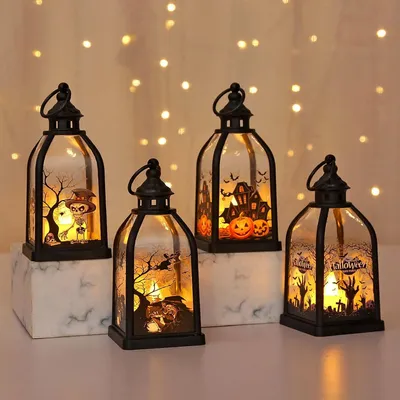Produktbild von 4 Stück Halloween Laterne,15 cm Halloween LED kerzenlaterne mit Hexe Geist
