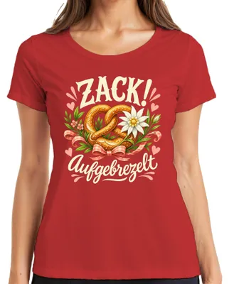 Productafbeelding van Zack! T-shirt voor dames, met afbeeldingen van een Brezel, lederen broek, Dirndl en "Wiesn" (), rood, maat XL