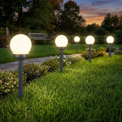 Produktbild von 5er Set LED Solarkugel weiß, Erdspieß, DxH 10x38 cm