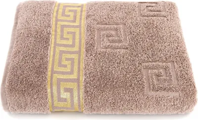 Produktbild von Luxus Medusa Badetuch 100x150 cm - Beige / Hell Braun - feinste Ringgarn Baumwolle / Jacquard Webung / Hochflor Frottee mit Medusa Flachprägung und goldener Medusa Bordüre