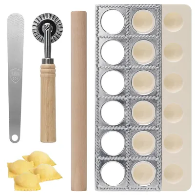 Produktbild von Set aus 4 Ravioli-Makern aus Aluminium mit 12 Löchern, Teigtaschenform mit Teigroller für Ravioli und Knödel