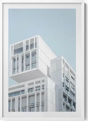 Produktbild von Weiße minimalistische Gebäudearchitektur– Wandbild mit Rahmen – Gerahmtes Bild  – Wanddekoration – 70x100 cm –  Weiß Rahmen