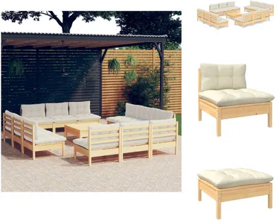 Produktbild von vidaXL 13-tlg. Garten-Lounge-Set mit Creme Kissen Kiefernholz -  Gartenmöbel-Sets