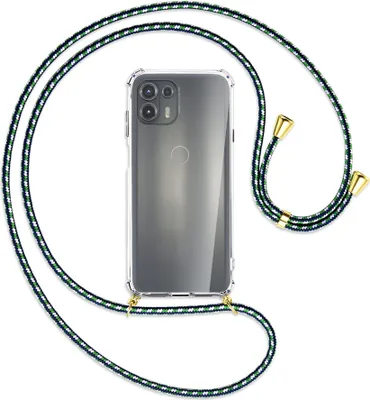 Produktbild von Handykette Backcover-Schutzhülle mit Band (Metall goldfarben) für Motorola Edge 20 Lite (XT2153-1) - grün/blau/weiß