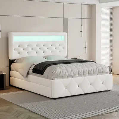 Produktbild von MODFU Polsterbett 140x200 cm mit Ausziehbarem bett 90x190cm ,  Stauraumbett mit LED-Beleuchtung und 2 Schubladen, Leinenstoff Weiß(Ohne Matratze)