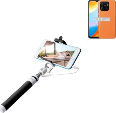 Produktbild von K-S-Trade Selfie Stick kompatibel mit Xiaomi Redmi 10 Power Selfiestick kabelgebunden Monopod mit Kabel Stab Stange Selfportrait Handheldstick