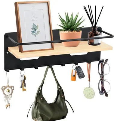 Produktbild von Unyqoos Magnetische Schlüsselhalter mit 8 Haken und Holzablage – Wandhalterung ohne Bohren, modern und stilvoll