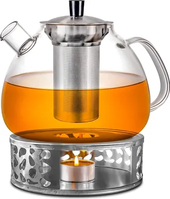 Produktbild von Teekanne Glas mit Stövchen Set in Geschenkbox - 1,5 Liter - Hält lange warm - Spülmaschinenfest