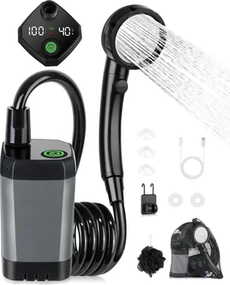 Produktbild von Camping-Duschset, tragbare Dusche, wiederaufladbare elektrische Duschpumpe, wasserdicht mit intelligentem Display und 4-Modus-Duschkopf für Outdoor-Aktivitäten wie Camping und Wandern