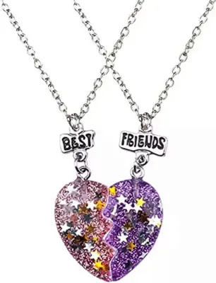 Obrázok produktu pre Náhrdelník Bixorp Friends BFF pre 2 s fialovým a ružovým trblietavým srdcom Strieborná farba - Náhrdelník priateľstva - Dve polovice Najlepší priatelia - Pre dievčatá - Náhrdelník Najlepší priatelia Darček pre priateľstvo pre dvoch