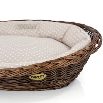 Produktbild von Handgebeizter brauner Weidenkorb Wikikorb mit Baumwoll-Hundebett Beige mit weißen Punkten Polka Dots, Waschbar & Weich DOTTY