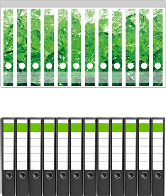 Produktbild von Wallario 12 Stück schmale Ordner inkl. Klebeetiketten mit Motive Leuchtendes Eis in grün -  Set mit Rückenschildern / Ordnerrücken Stickern